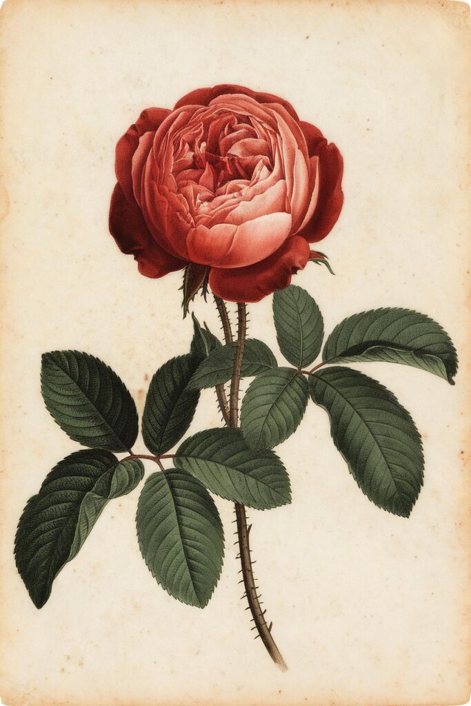 Antique illustration of a red rose with detailed petals and green leaves on a vintage background.