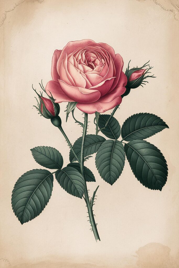 Illustrated pink rose with green leaves on vintage background - botanical art print.