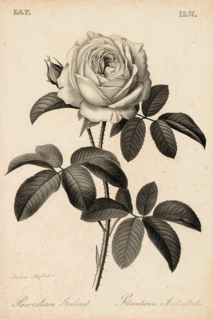 Vintage botanical illustration of a blooming rose with detailed leaves on a textured background.