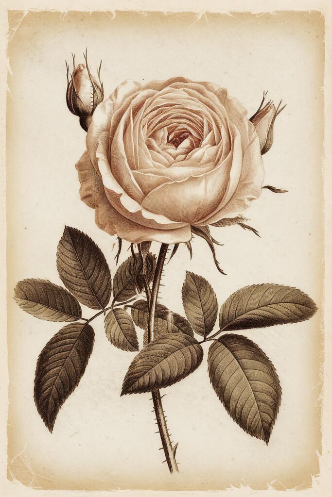Vintage botanical illustration of a detailed rose with leaves on an aged paper background.