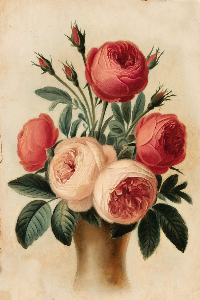 Vintage floral painting of pink and white peonies in a vase against a soft background.