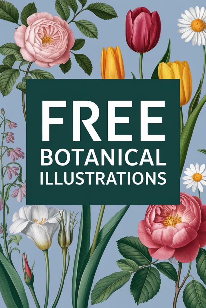 Free vintage botanical illustrations with roses, tulips, and daisies on a blue background.