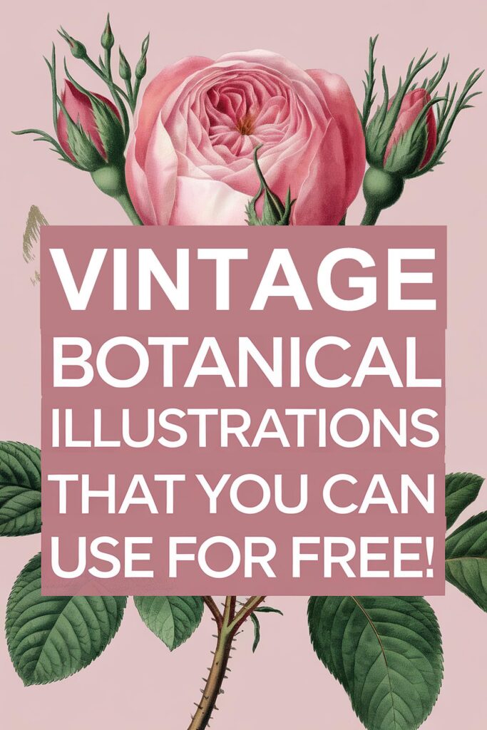 Free Vintage botanical illustrations with a pink rose and text offering free use of illustrations.