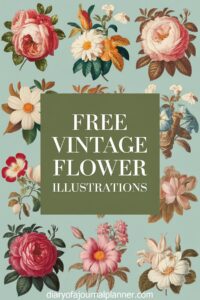 Free vintage flower illustrations with colorful floral designs on a green background.