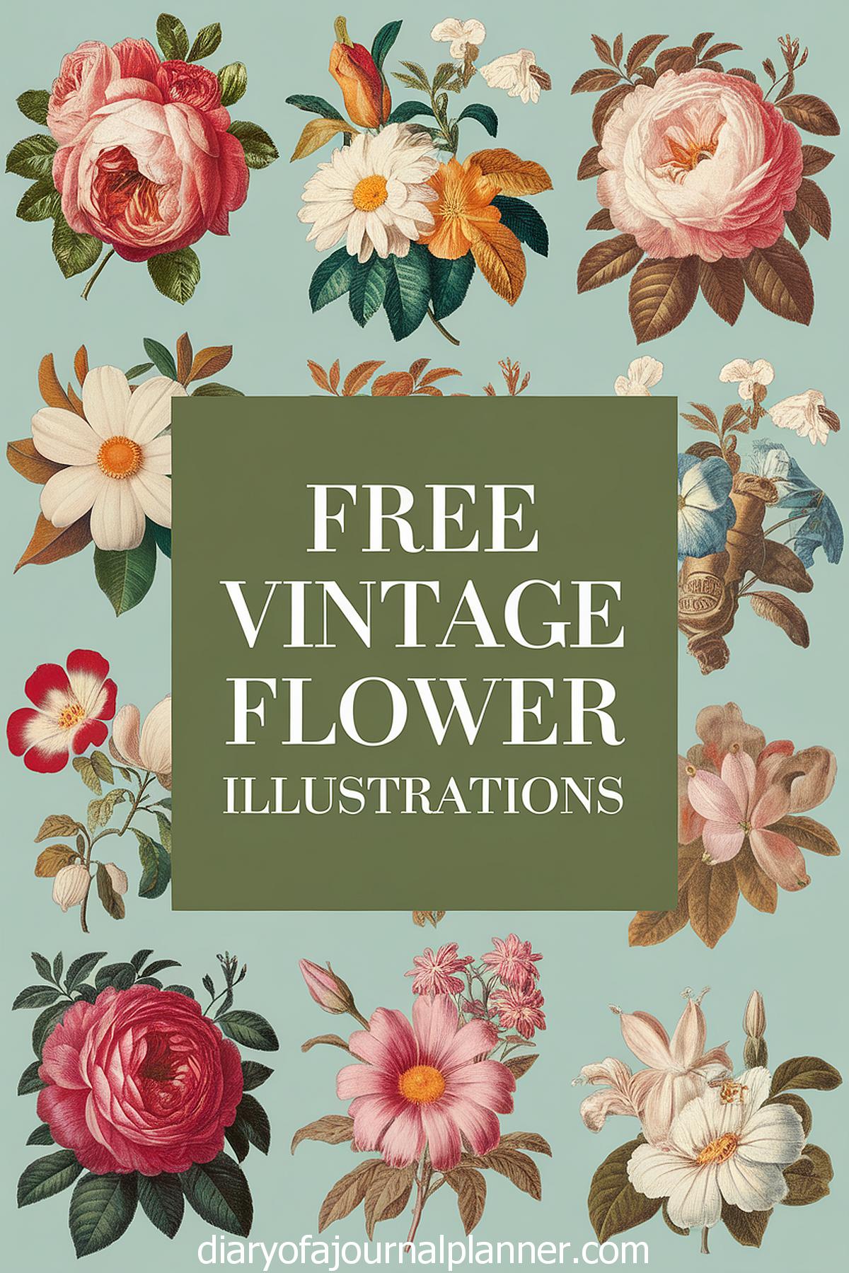 Free vintage flower illustrations with colorful floral designs on a green background.