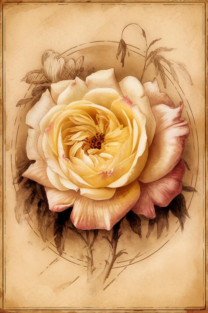 Vintage-style illustration of a rose with detailed petals on an antique paper background, perfect for floral art lovers.