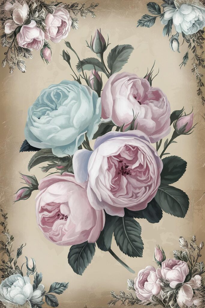 Vintage floral illustration with pastel pink and blue roses on an ornate beige background.