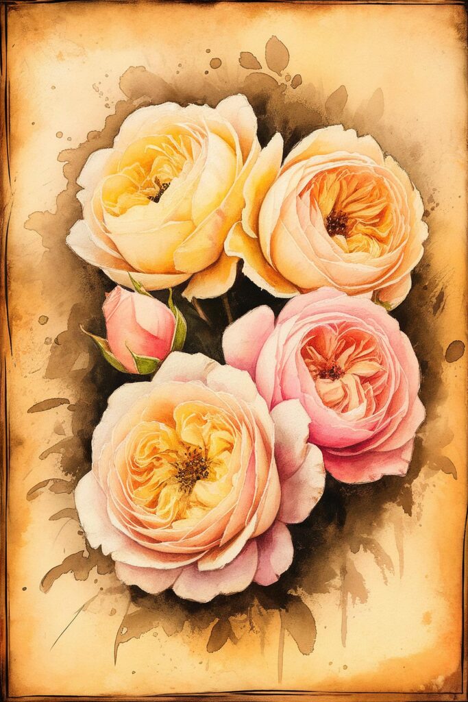 Vintage watercolor illustration of yellow and pink roses with an artistic sepia background.