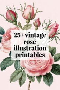 Vintage rose illustration printables with pink blooms and green leaves for decor and craft projects.
