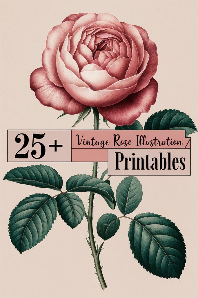 Vintage rose illustration with text: 25+ Vintage Rose Illustration Printables.