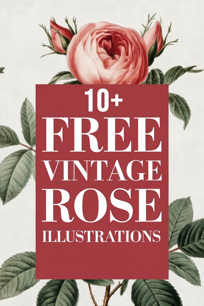 10+ free vintage rose illustrations with blooming rose and leaves background.