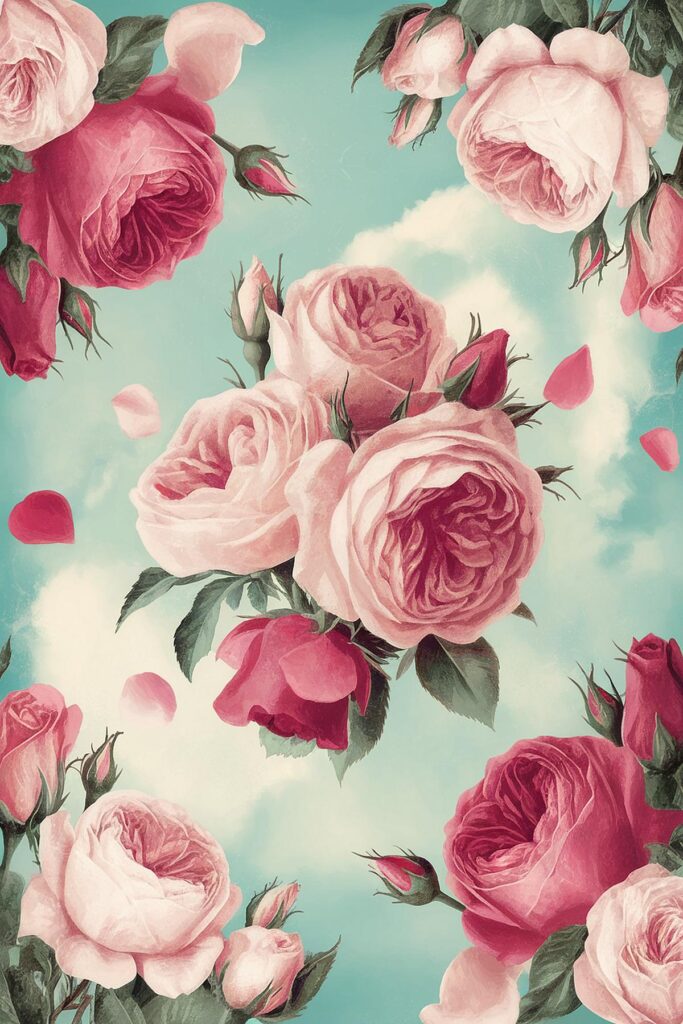 Pink roses with green leaves against a blue sky, surrounded by scattered rose petals.