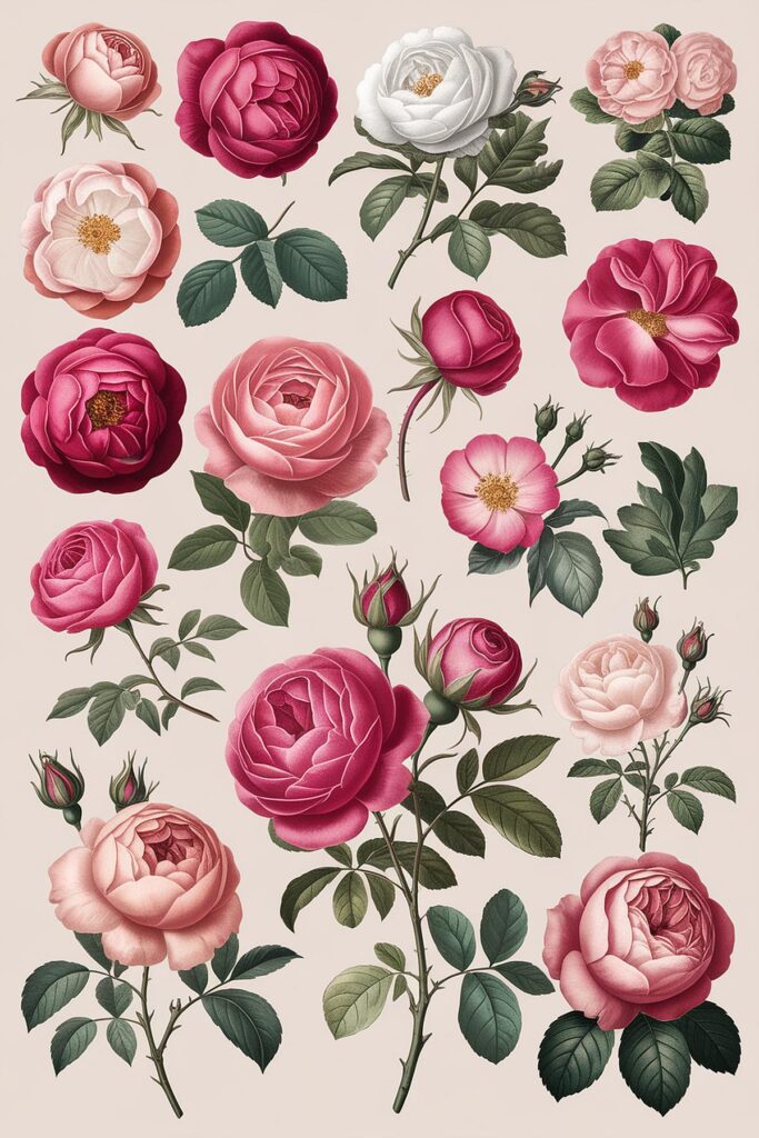 Illustration of various vintage roses in pink, red, and white hues with leaves, on a light background.