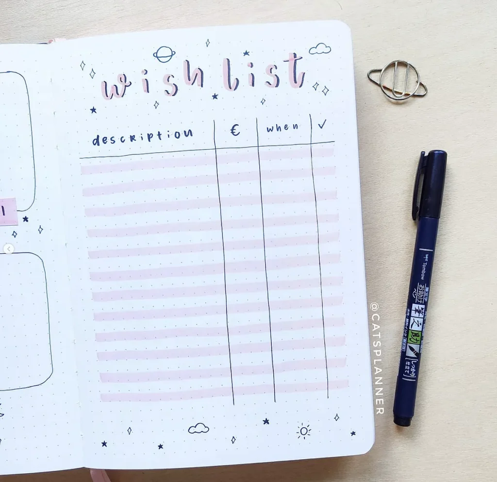 Handwritten wish list on a planner page with columns for description, cost, and timeline; pen and planet clip nearby.