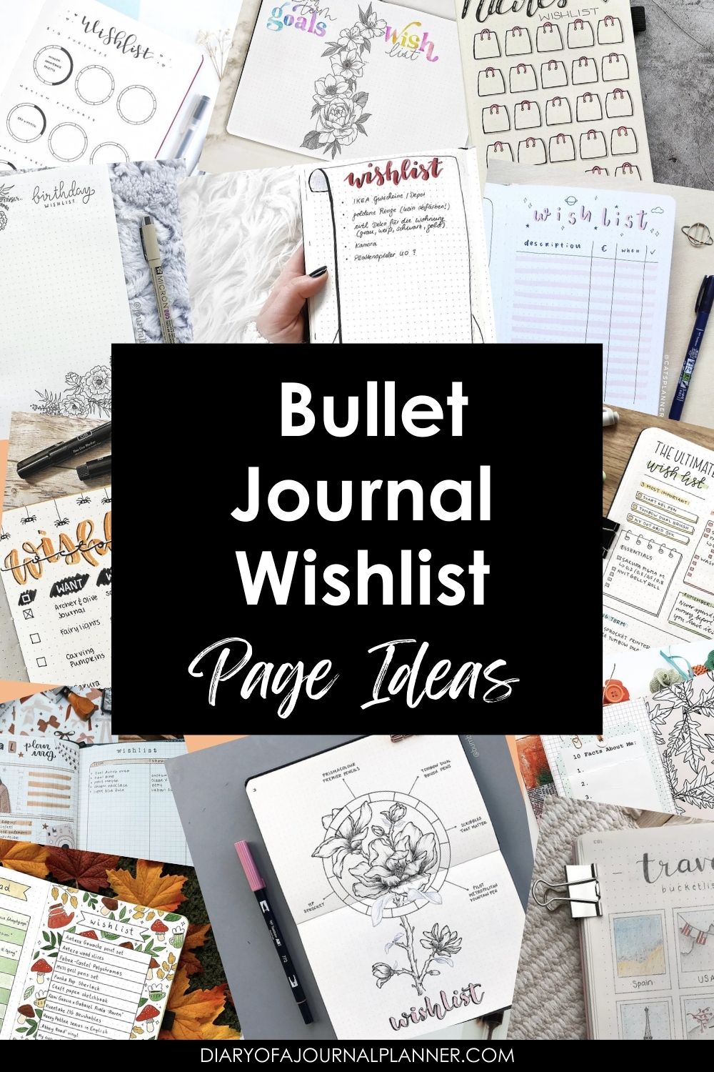 Creative bullet journal wishlist page ideas with floral designs and layouts for organization inspiration.