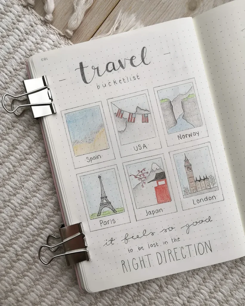 Travel bucket list notebook with illustrations of Spain, USA, Norway, Paris, Japan, and London destinations.