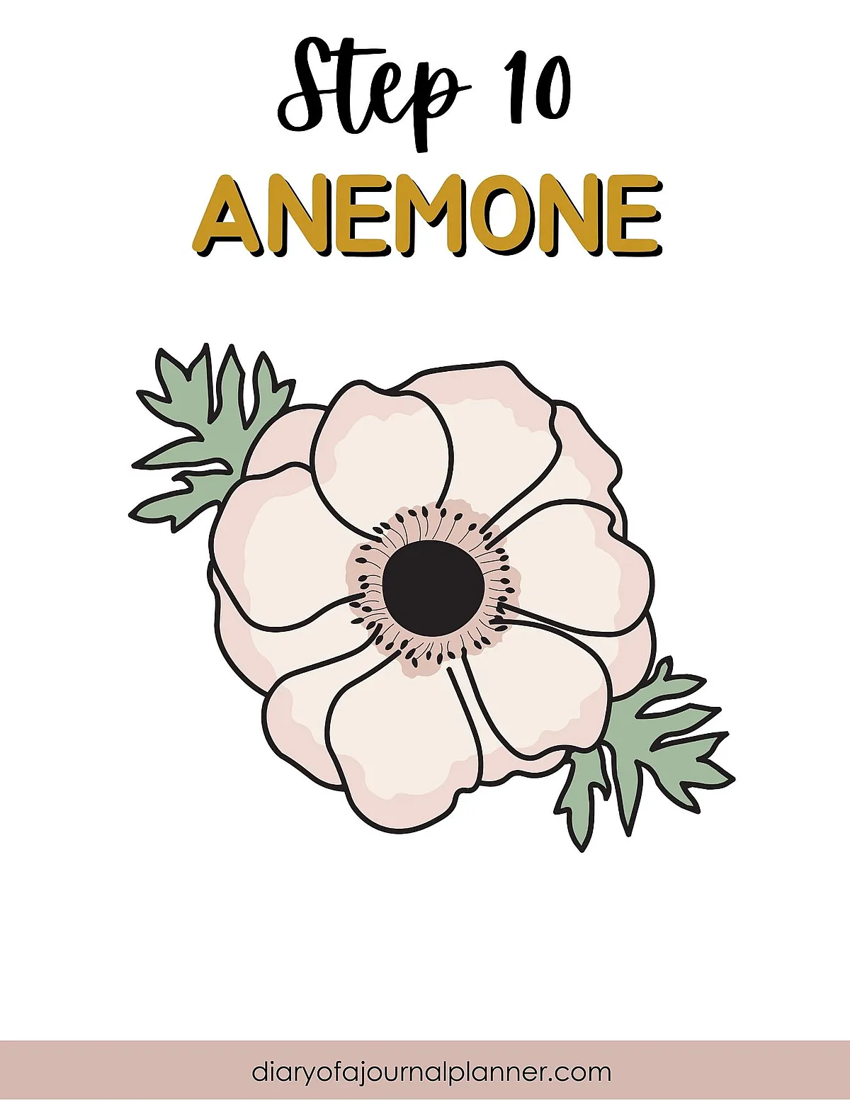 Illustration of an Anemone flower, step 10 in a drawing guide. Simple design with soft colors.