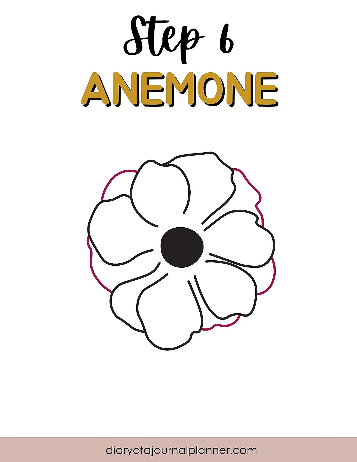 Step 6 illustration of an anemone flower drawing guide from diaryofajournalplanner.com.