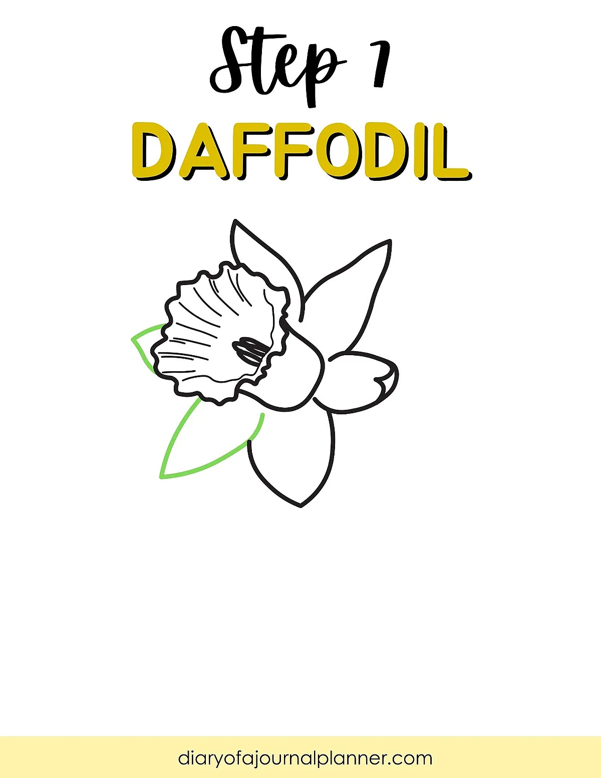 Step 1 of drawing a daffodil: outlined flower with text guide from diaryofajournalplanner.com.