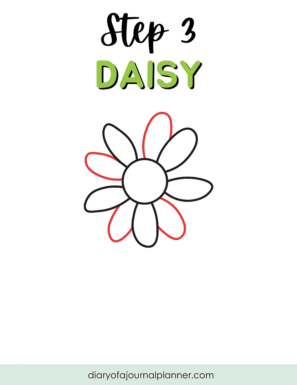 Step 3: Easy daisy drawing tutorial with outlined petals in black and red.
