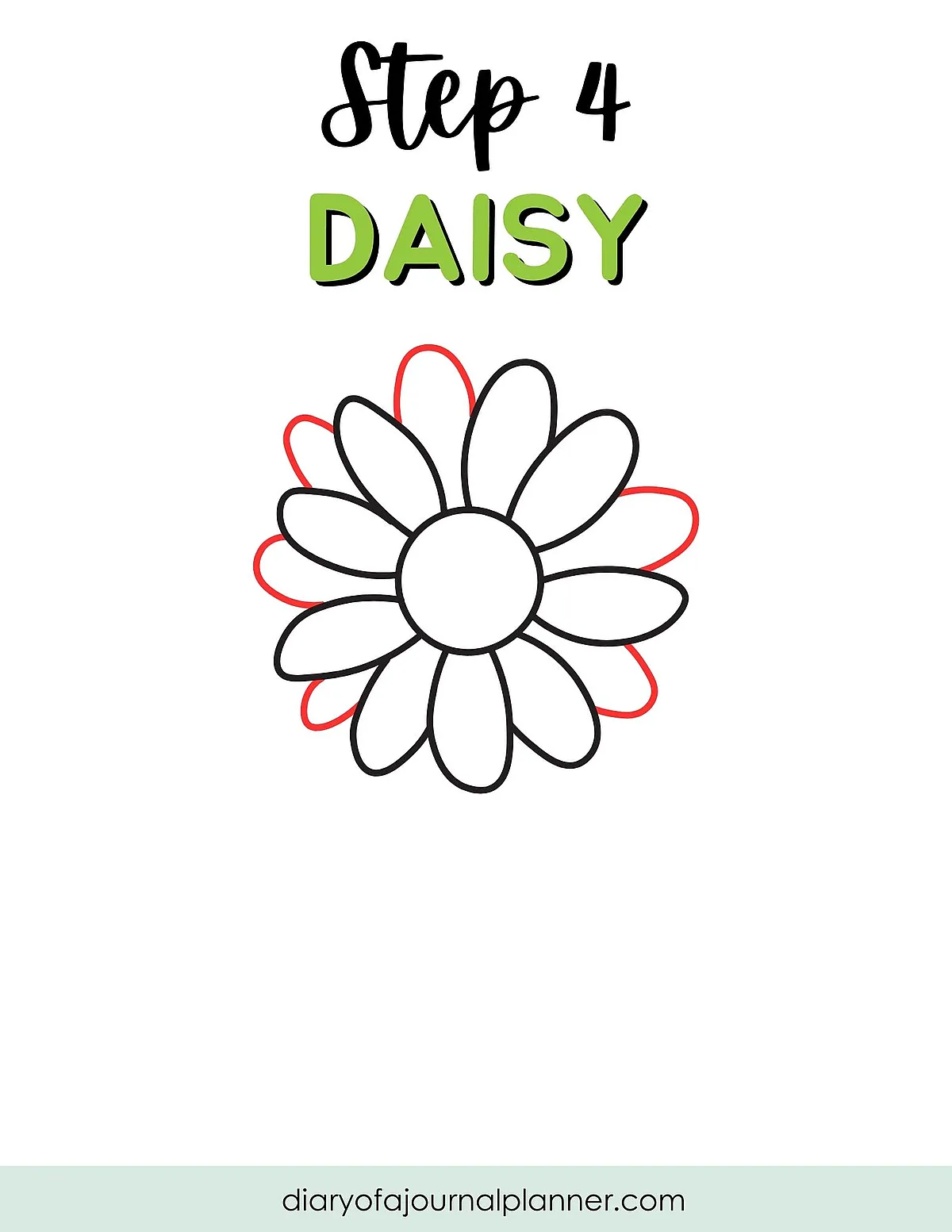 Step 4 of drawing a daisy flower with black outlines and red details for petals in progress.