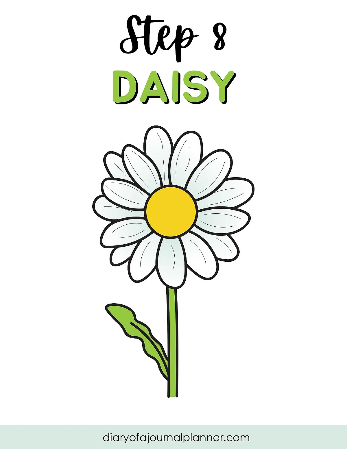 Illustration of a daisy flower in step 8 drawing guide, featuring white petals and a yellow center.