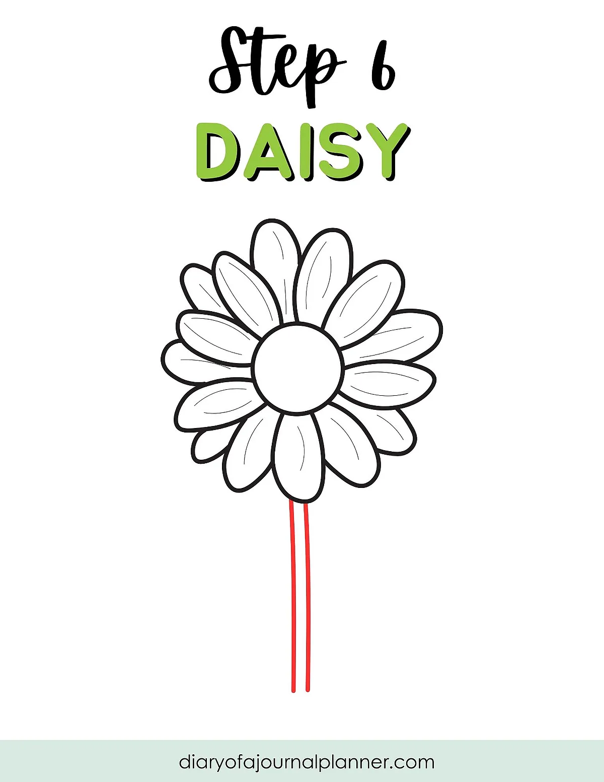 Step 6 in drawing a daisy with detailed petals and stem guides.
