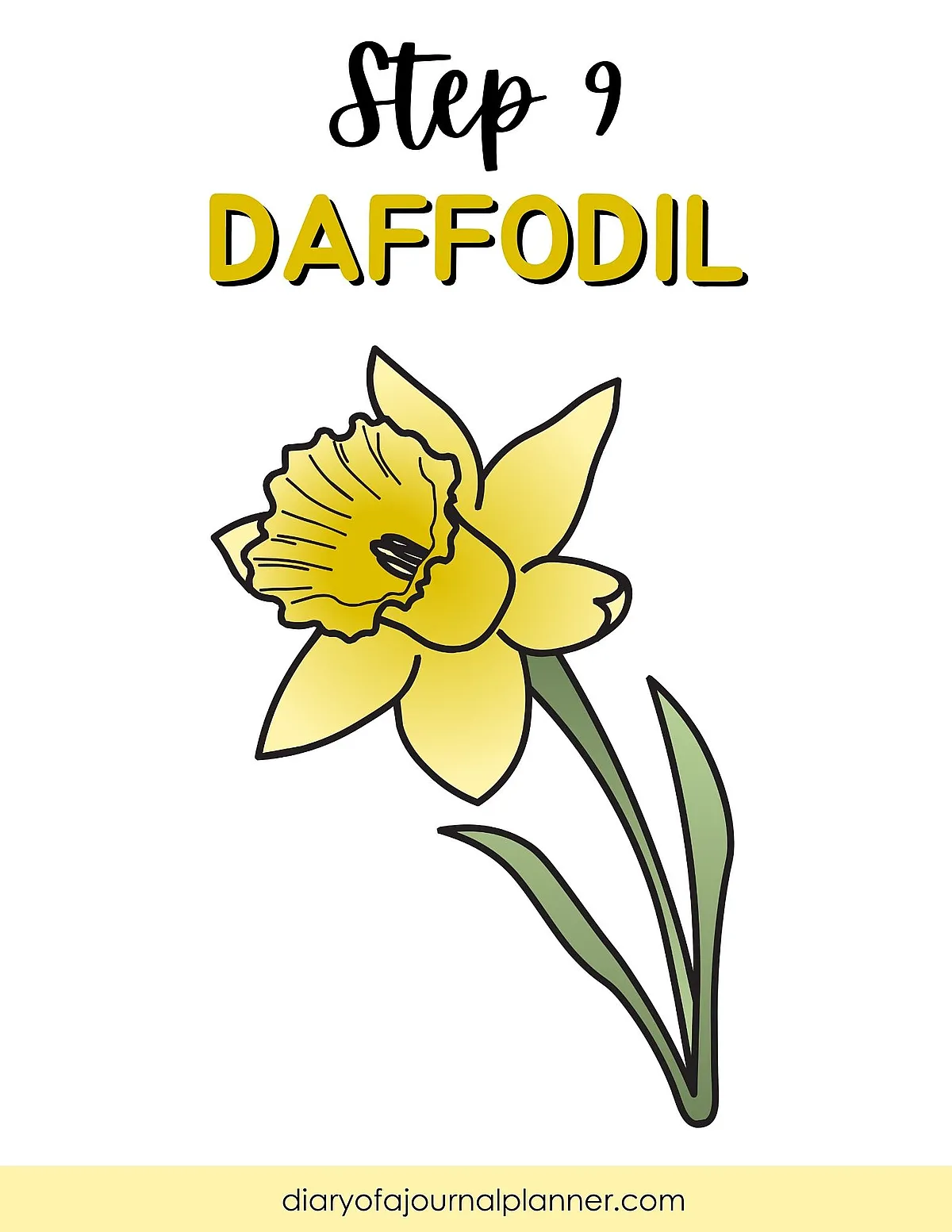 Illustration of a daffodil flower with 'Step 9' text for a drawing guide tutorial.