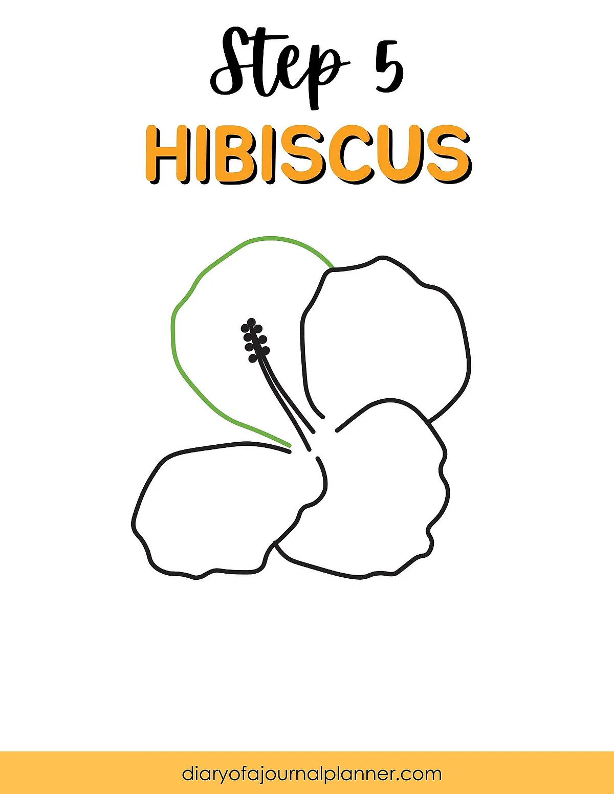 Line drawing of a hibiscus flower, labeled “Step 5” for a journal planner guide.