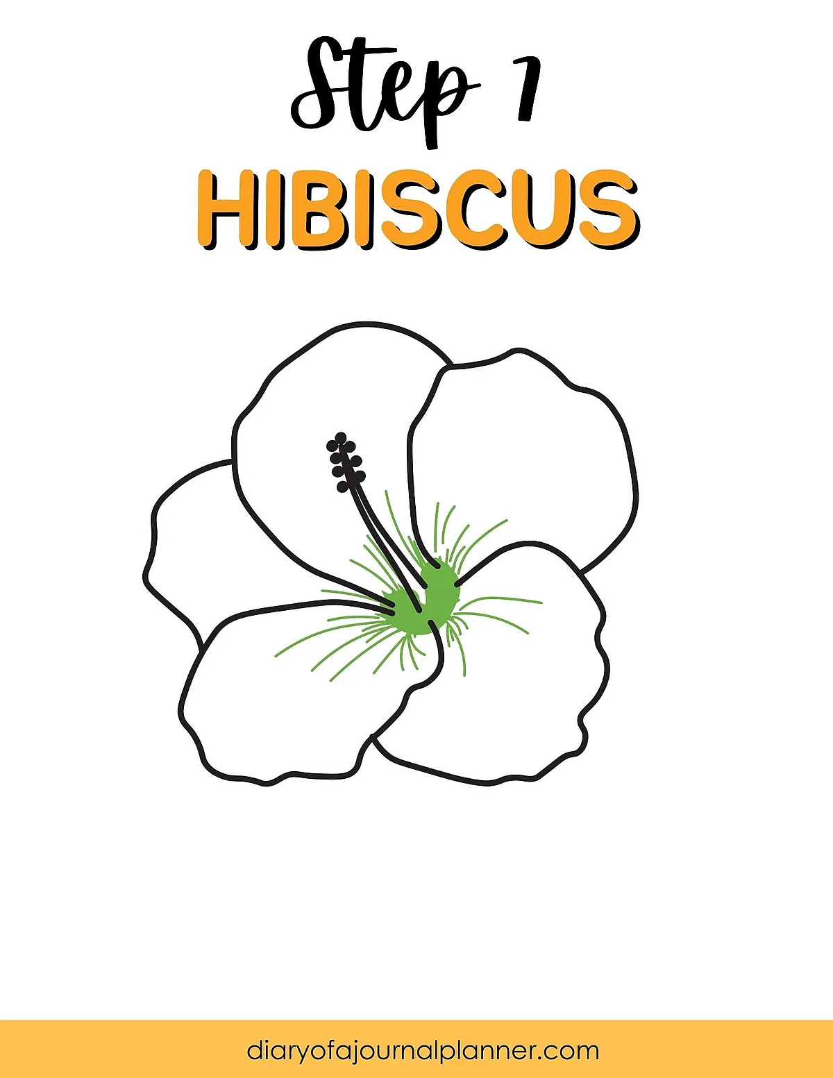 Step 1: Outline drawing of a hibiscus flower with text guide. Simple tutorial start.