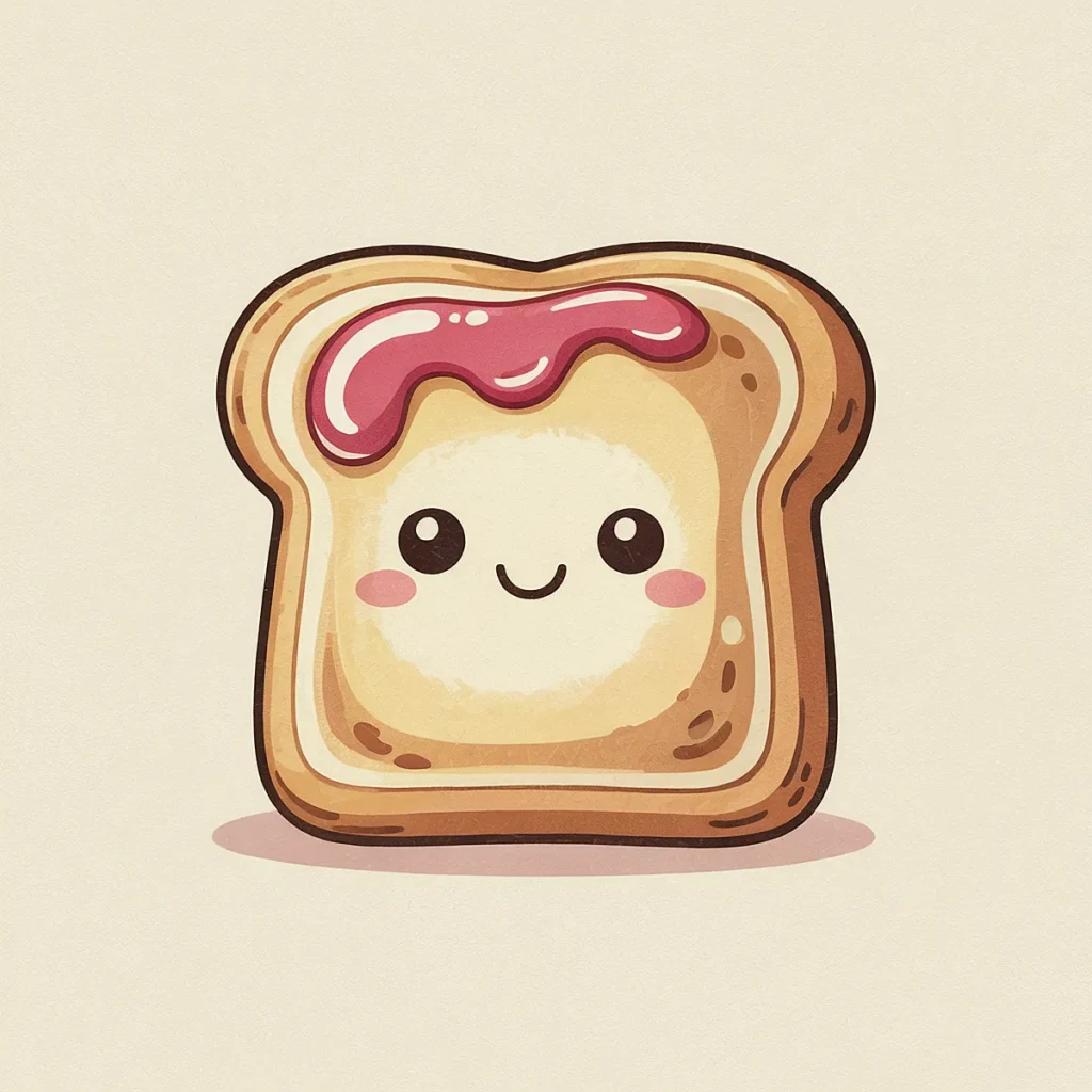Cute kawaii toast with a smiling face, topped with pink jam on a white background. Perfect for food-themed designs.