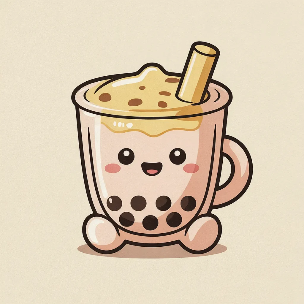 Cute cartoon bubble tea with eyes, smiling face, and tapioca pearls. Adorable kawaii design.