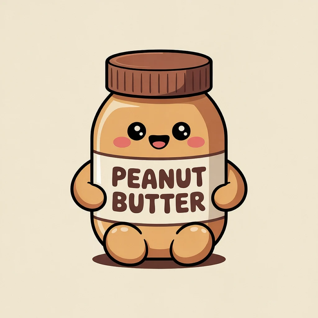 Cute cartoon peanut butter jar with a smiley face and a brown lid, holding a Peanut Butter label.