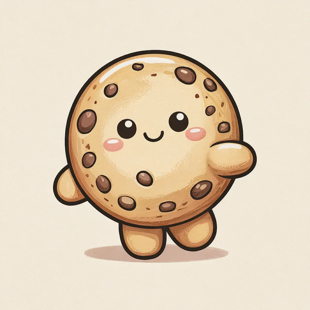 Cute cartoon chocolate chip cookie with a happy face and rosy cheeks on a light background.
