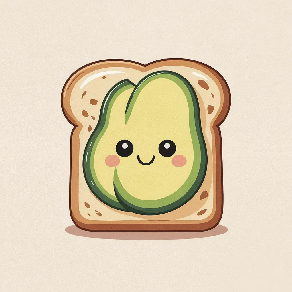 Cute cartoon avocado toast with a smiling face on white background. Playful food illustration with kawaii style.