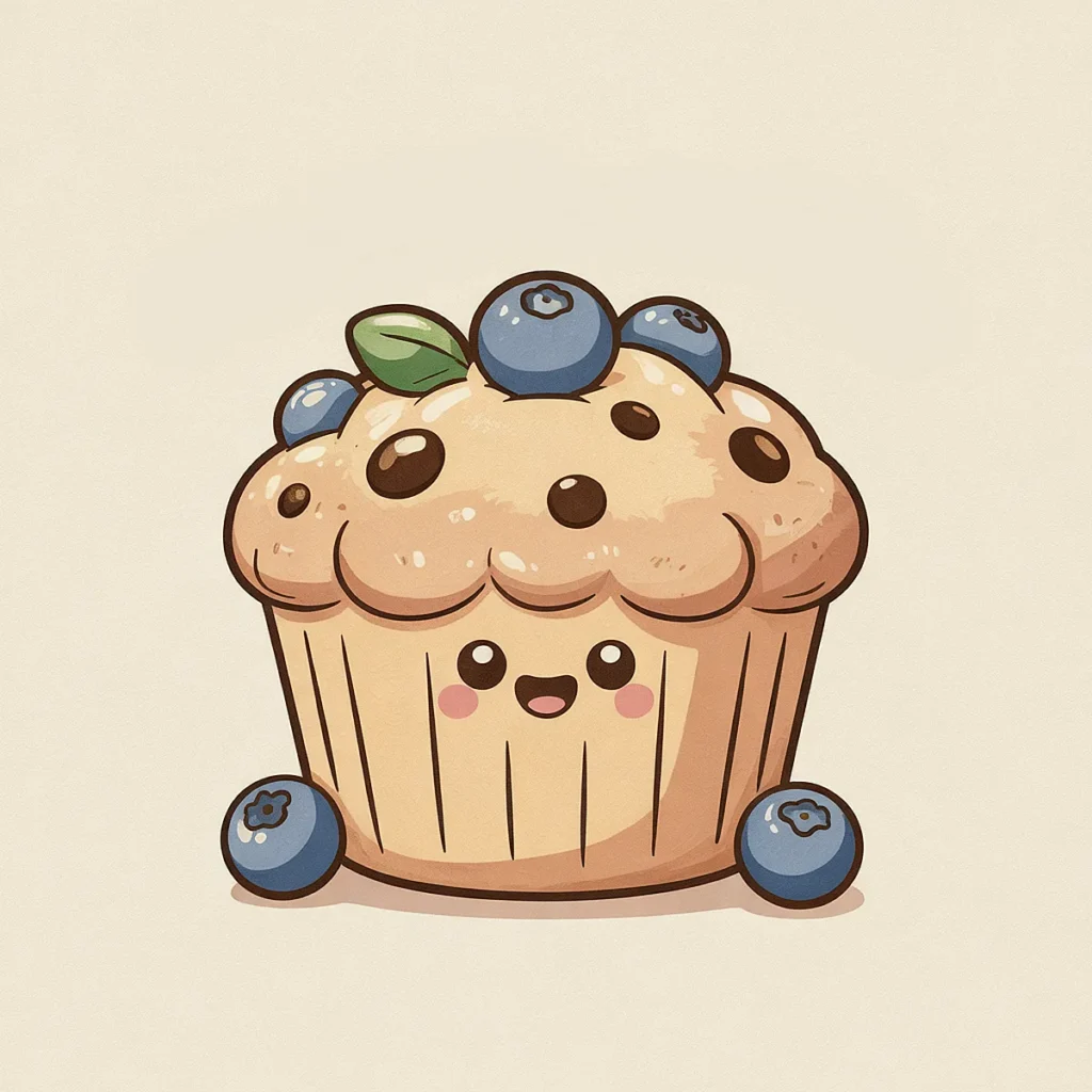 Cute cartoon blueberry muffin with smiling face, surrounded by blueberries, on beige background.