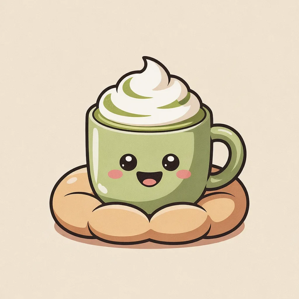 Cute kawaii matcha latte illustration with whipped cream and a smiling face on a beige background.