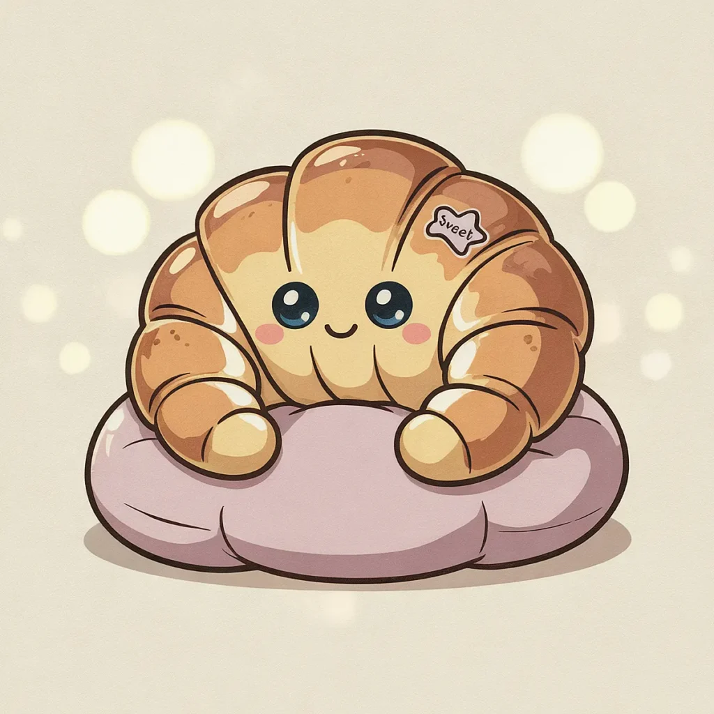 Cute cartoon croissant with a smiling face sitting on a purple cushion, labeled sweet, with a glowing background.
