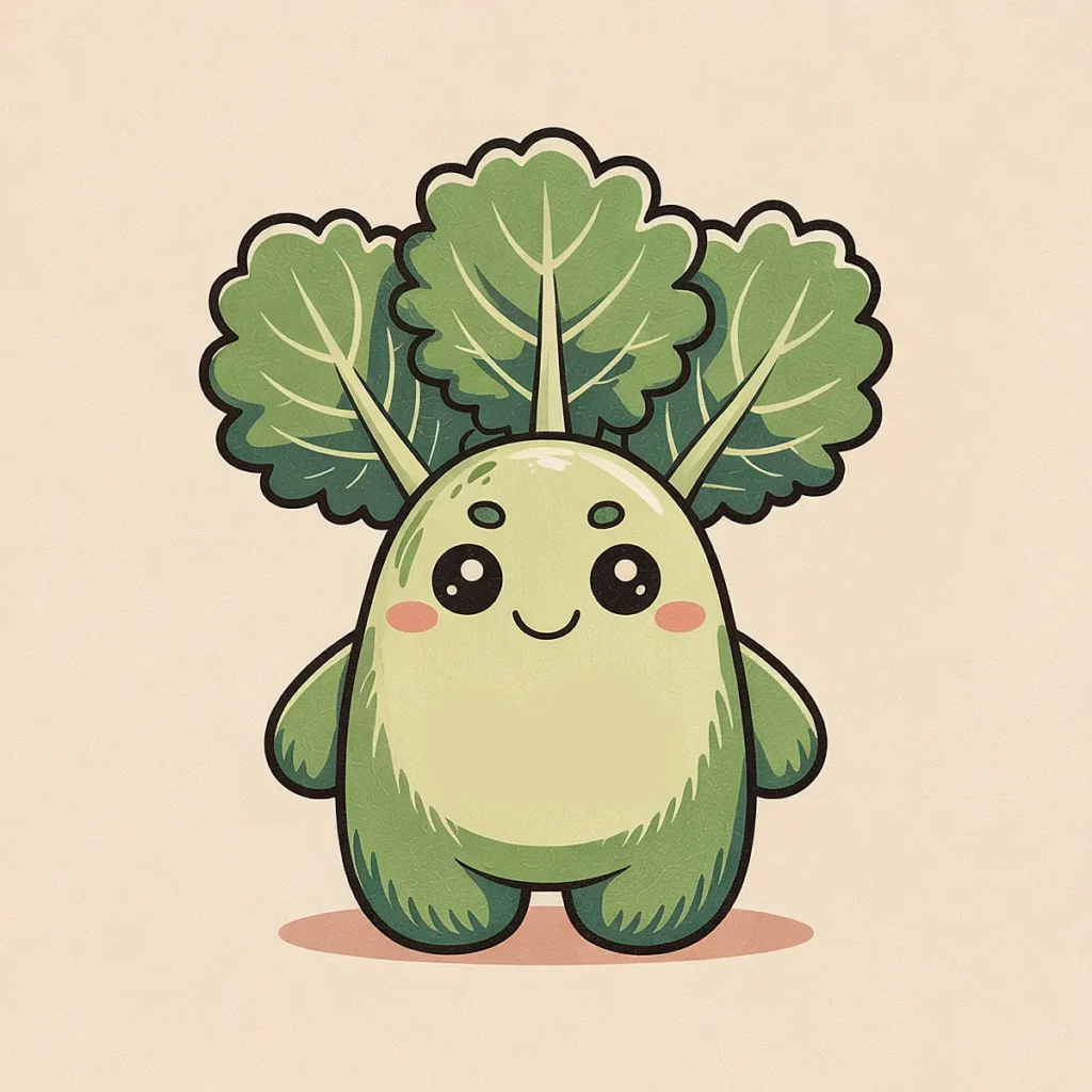 Cute leafy vegetable character with a big smile and leafy arms on a beige background.