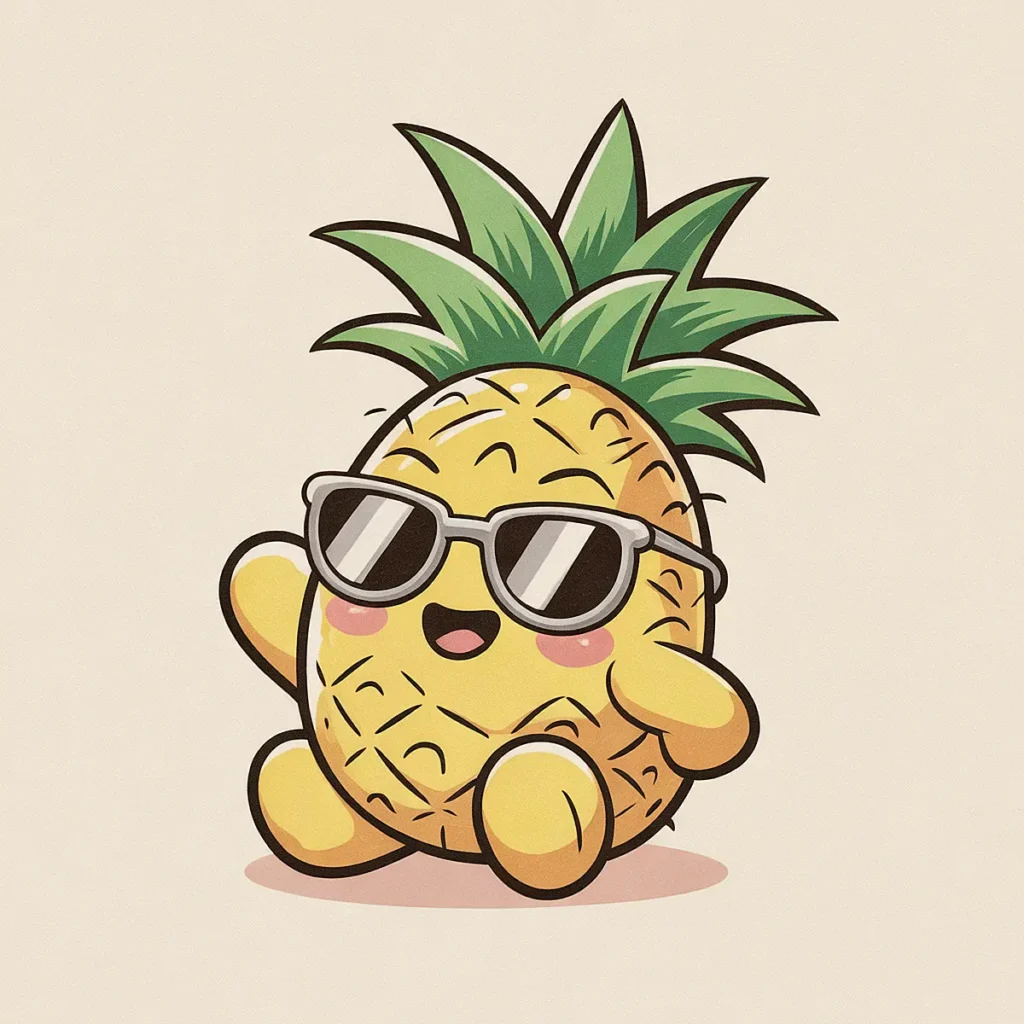 Cute cartoon pineapple wearing sunglasses, smiling cheerfully. Fun and playful illustration on a light background.