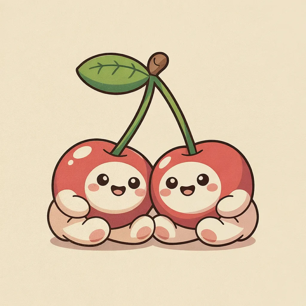 Cute kawaii cherries with smiling faces and a single leaf, cartoon-style illustration on a cream background.