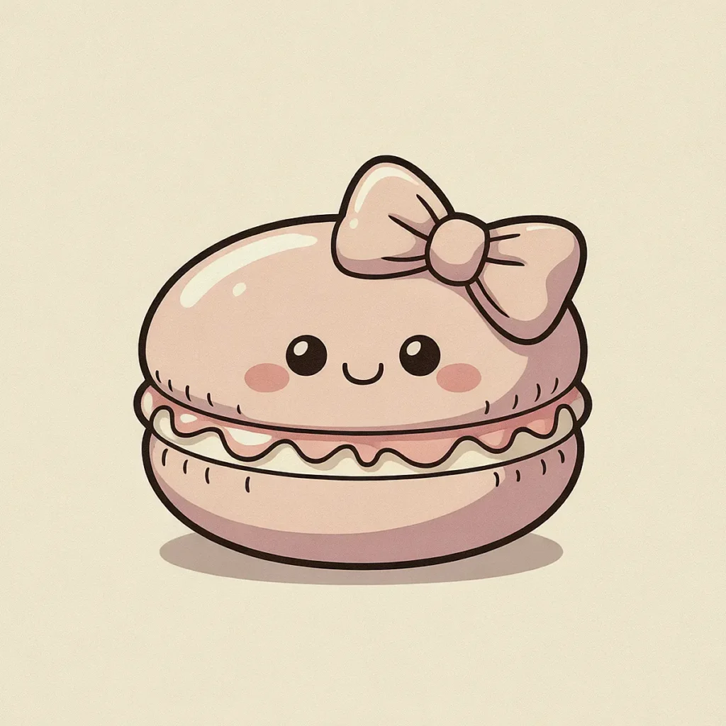 Kawaii pink macaron with a smiling face and cute bow, cartoon style illustration on a light background.