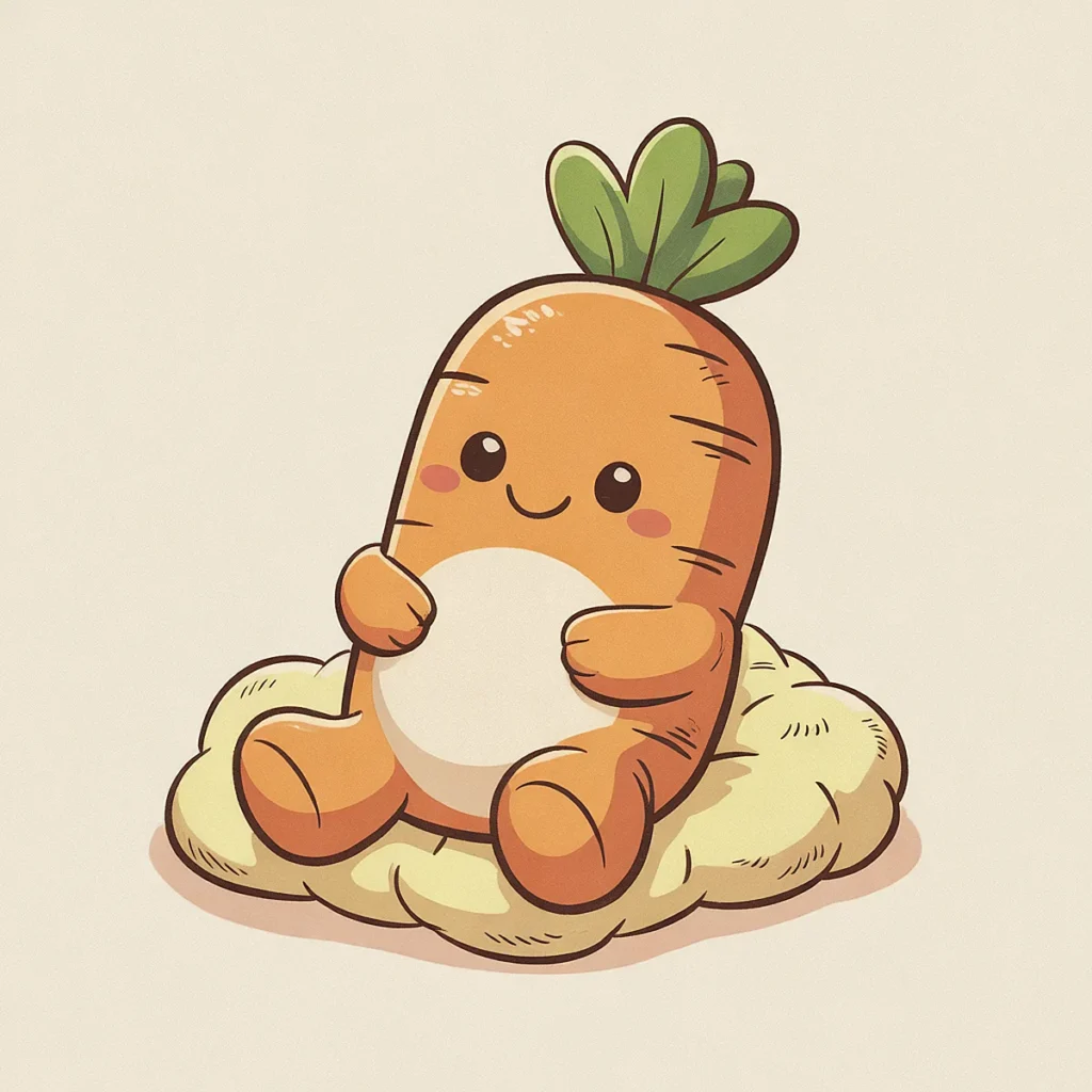 Cute cartoon carrot character sitting on a fluffy cloud, smiling with rosy cheeks and leafy green top.