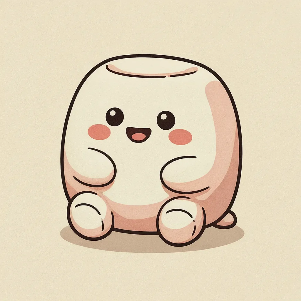 Cute kawaii marshmallow cartoon with a smiling face and rosy cheeks, sitting on a light beige background.