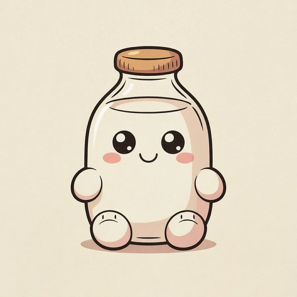 Cute kawaii-style smiling milk bottle character with rosy cheeks and cork lid, set against a simple beige background.