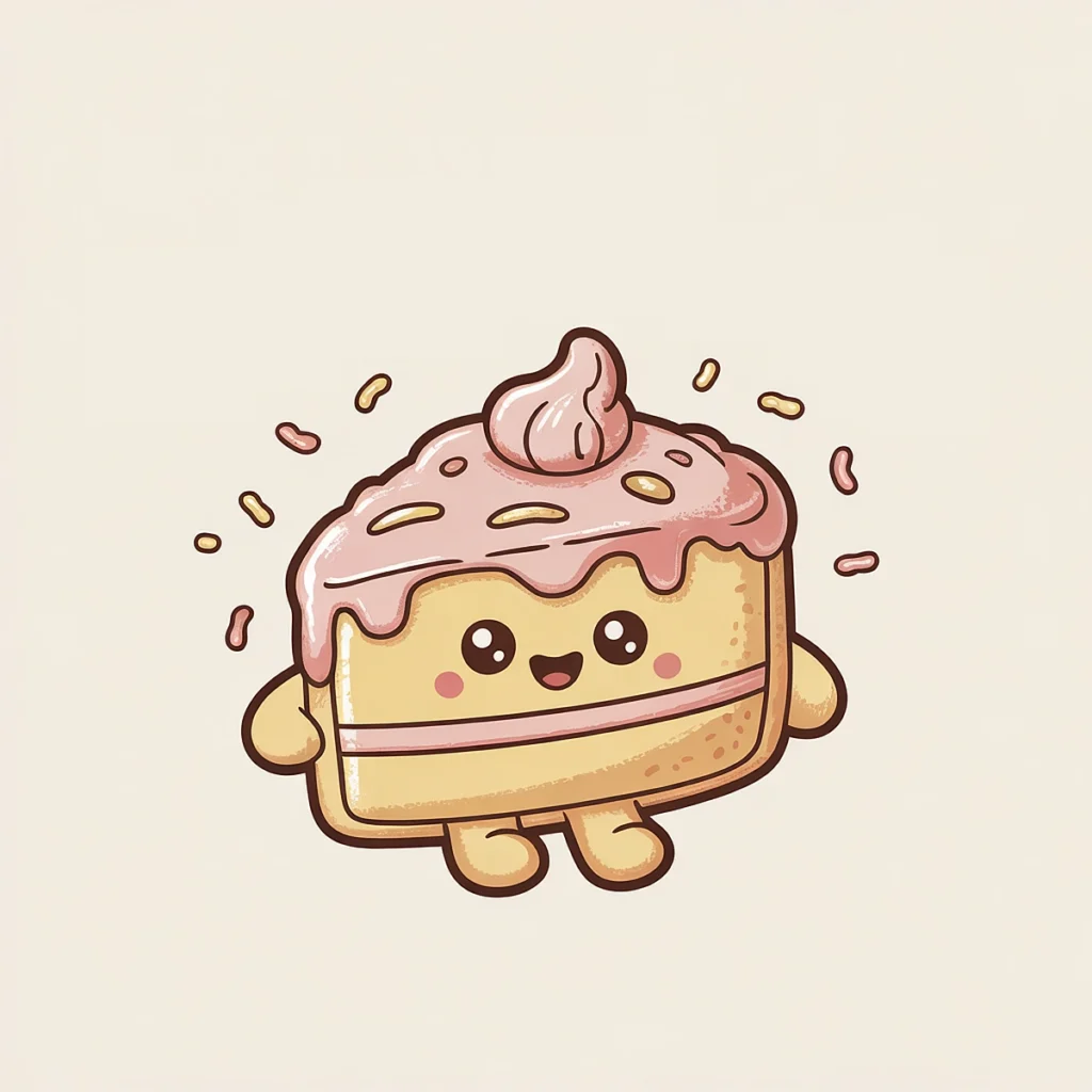 Cute cartoon cake slice with pink frosting, smiling and surrounded by sprinkles on a light background.