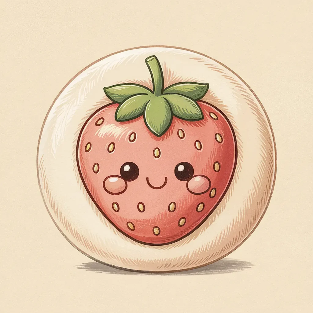 Cute kawaii strawberry daifuku illustration with smiling face on beige background.