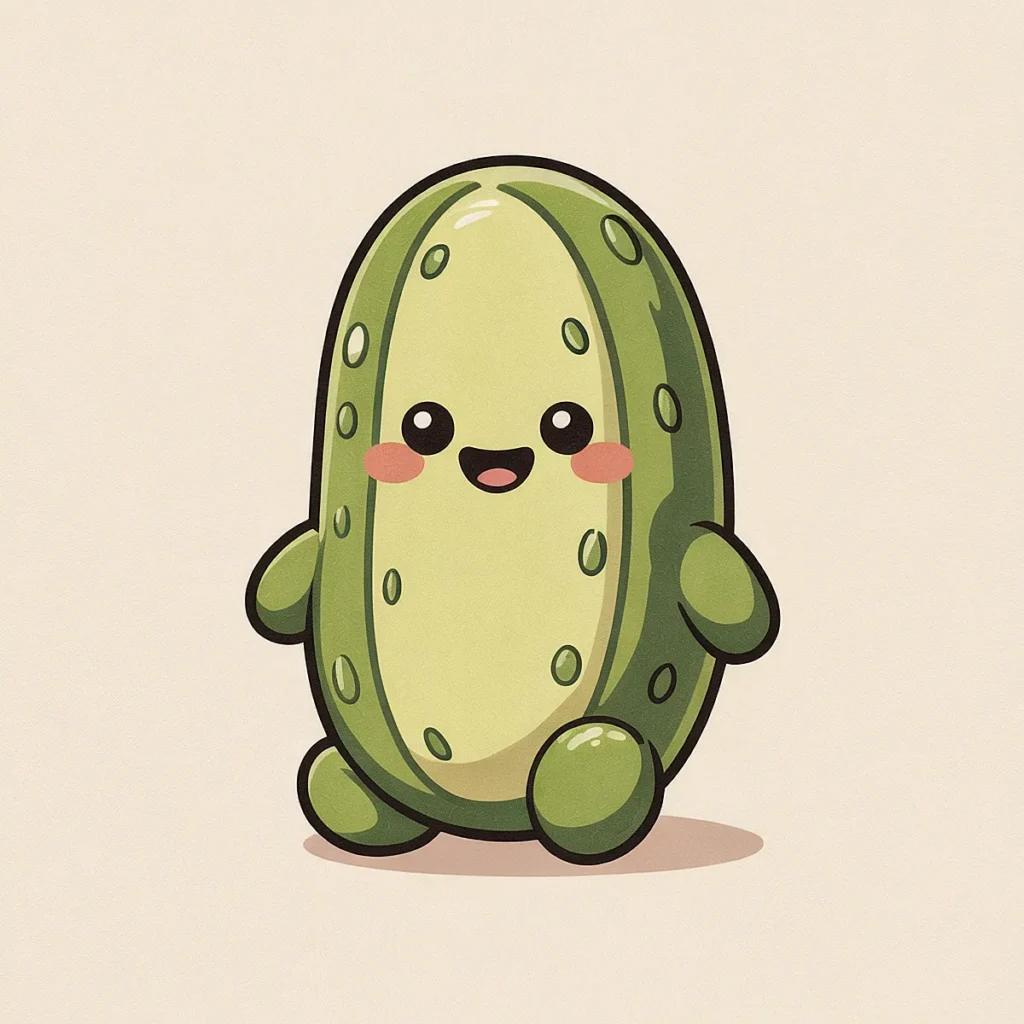Cute cartoon pickle character with a smiling face and rosy cheeks on a plain background.