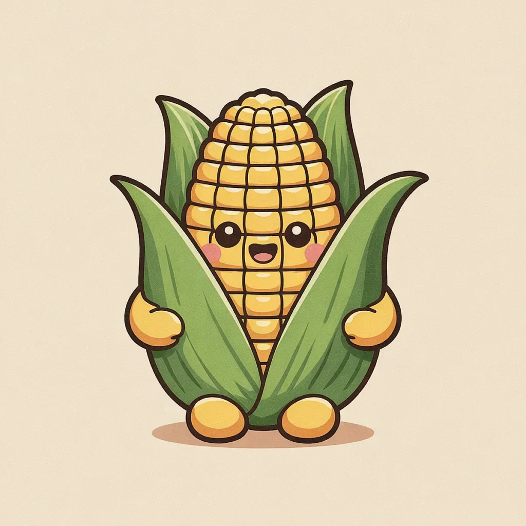 Cute cartoon corn character with big eyes and smiling face, surrounded by green husks on a light background.