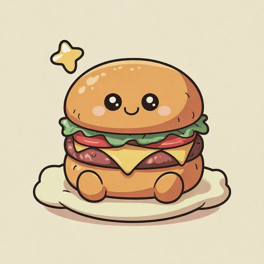 Kawaii burger cartoon with a smiling face, cheese, lettuce, and a star, on a cream background.